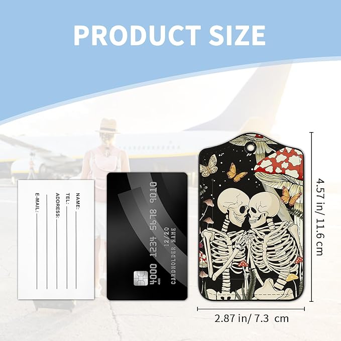 2 Pcs Luggage Tag for Suitcases, Mushroom Skull Funny Cute PU Leather Suitcase Tag Privacy Cover ID Label with Metal Loop, Personalized Baggage Identifier for Women Bag Travel Essentials