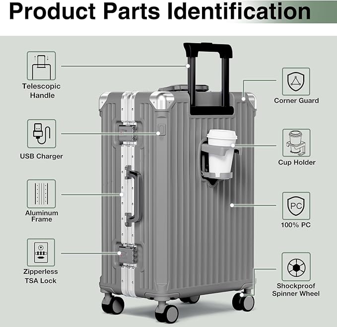 Krute No Zipper Carry On Luggage 20 Inch Suitcase with Wheels PC Aluminum Frame Zipperless Luggages with Cup Holder and Charger Hard Side TSA Approved Travel Suitcases Gray