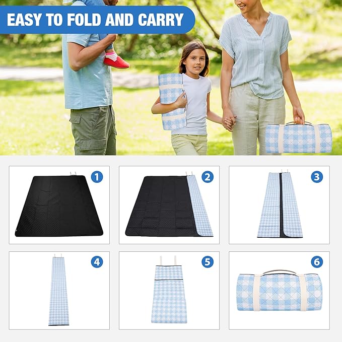 G GOOD GAIN Picnic Blankets Outdoor Extra Large - 80"x80" Portable Waterproof Picnic Blanket, Machine Washable 3-Layer Foldable Park Mat with Sandproof Backing for Grass, Hiking, Travel (Sky Blue)