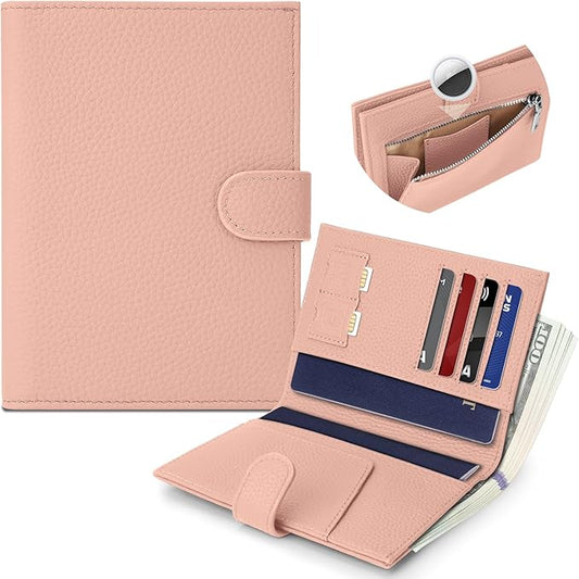 Genuine Leather Passport Holder for Women Men, Hidden Airtag Pocket, RFID Blocking, Zippered Coins Pocket & Cash Compartment Travel Gifts Essentials Passport Cover Case - Pink