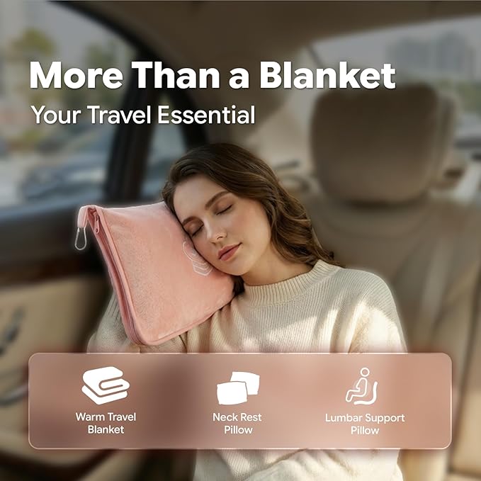 Travel Blanket, Soft 2-in-1 Airplane Blanket, 65x40 Inches, Travel Essentials Car Blanket with Luggage Sleeve & Backpack Clip (Peachy Pink)