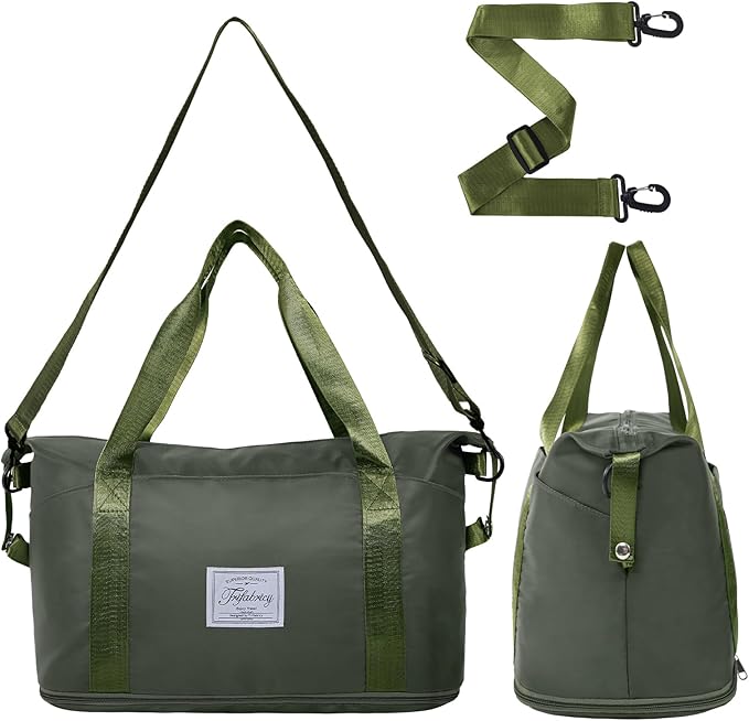 Travel Duffel Bag - Large Shoulder Weekender Overnight Bag, Carry on Bag with Wet Pocket, Waterproof Expandable Duffel Bag with Trolley Sleeve, Sports Tote Gym Bag for Women, Olive Green