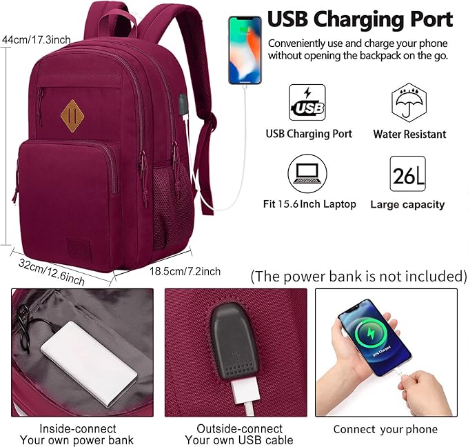 KEOFID Classic Anti-Theft Laptop Backpack for Men and Women, Burgundy, 17.3" x 12.6" x 7.2"