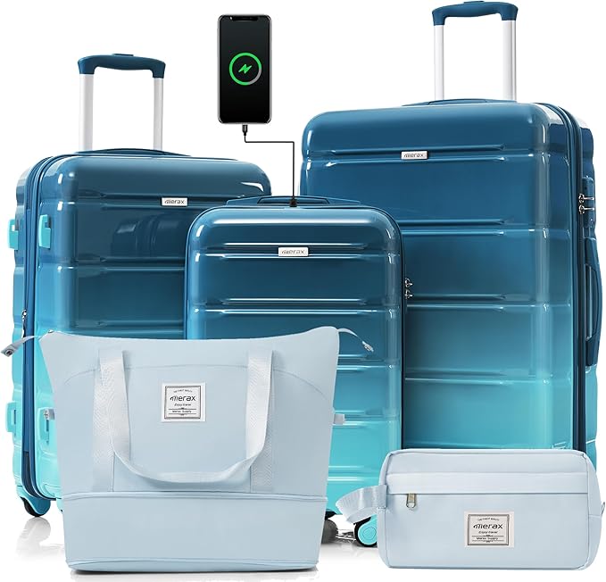 Luggage 5 Sets, ABS Hardshell Suitcase Spinner Wheels with USB Port and TSA Lock