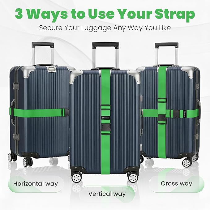 Luggage Straps for Suitcases, Adjustable Travel Suitcase Belts with Buckle Closure, Designed for Carry-On and Checked Luggage, Reusable Travel Accessory, Green - Pack of 2