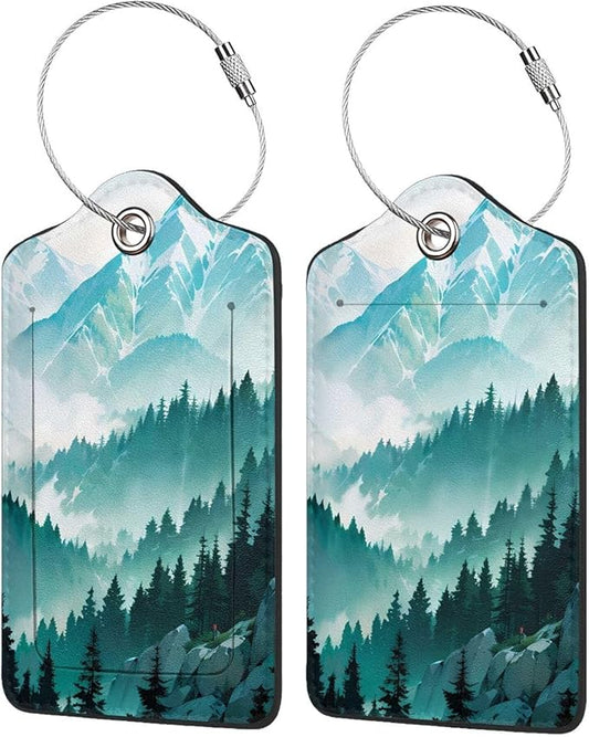 2 Pack Luggage Tags Travel Green Mountains Peaks Spectacular PU Cute Leather Luggage Tag Name ID Labels with Privacy Cover Suitcases Women Men Girls Boys Fun Laggage Tags(Mountain top)