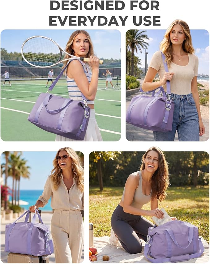 Percover Weekender Travel Duffel Bag for Women, Lightweight Soft-Structure 33L Carry-On, Water-Resistant Nylon with Shoulder Strap & Trolley Sleeve, Personal Item Friendly, Lavender Purple