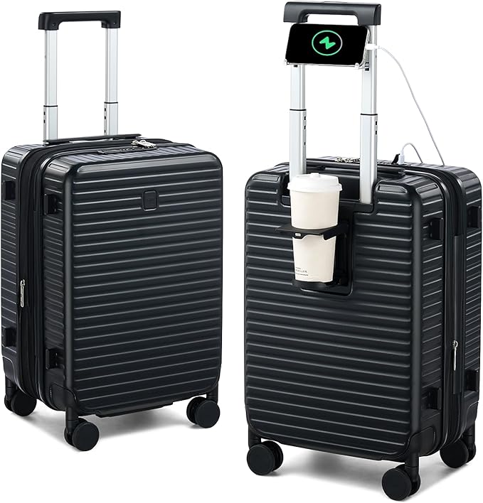 HanTrip Hard Shell Suitcases Airline Approved 20 Inch Carry on Luggage with Wheels, Expandable Travel Luggage with Cup Holder Charger Built in Lightweight Small Suitcase, Black