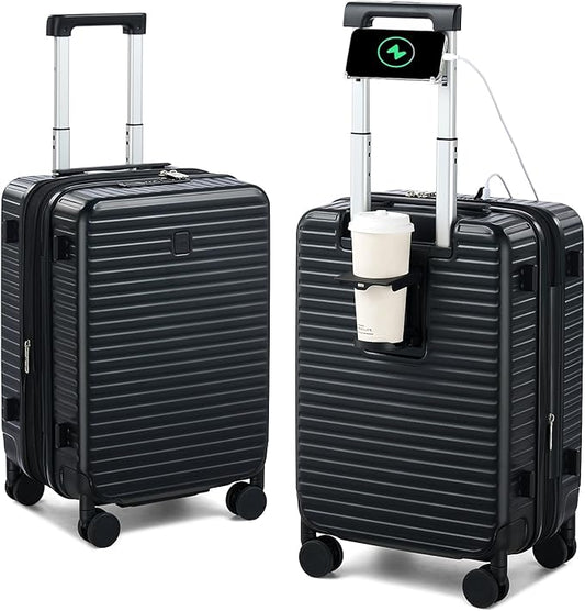 HanTrip Hard Shell Suitcases Airline Approved 20 Inch Carry on Luggage with Wheels, Expandable Travel Luggage with Cup Holder Charger Built in Lightweight Small Suitcase, Black