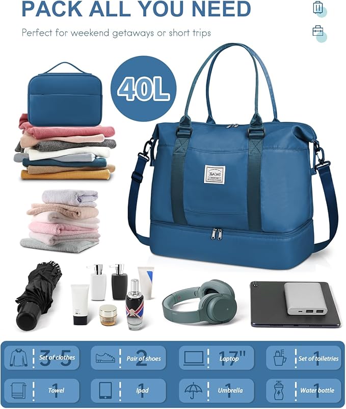BAGAIL Travel Duffel Bag, Weekender Bags for Women, Overnight Gym Carry On Tote Bag with Wet Pocket, Hospital Mom Bag for Labor and Delivery - Extra Large Set, Peacock Blue
