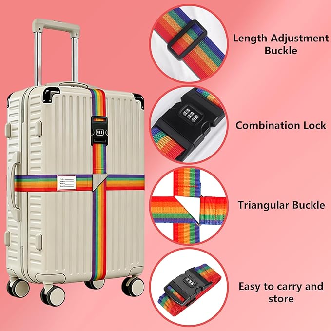 Luggage Straps for Suitcases,Travel Luggage Straps with Lock and Luggage Tags,Suitcase Strap,Adjustable Colorful Travel Belt for Travel Suitcase Bag Closure Accessories.(Rainbow)