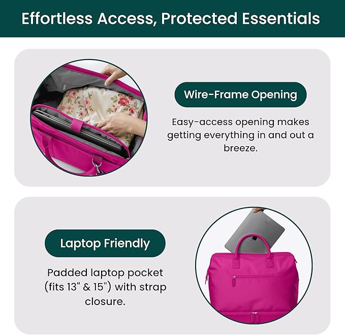 NOBL Travel Weekender Bag for Women & Men, Large Duffel Carry-On Tote with Trolley Sleeve, Separate Shoe Compartment & Laptop Pocket, Leather Overnight Bag for Airplane, Gym, Road Trips - Hot Pink