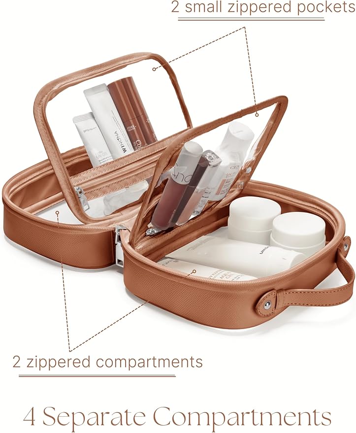 Clear Cosmetic Bag Double Layer Travel Toiletry Bag Clear Makeup Bag Case with 4 Compartments, Transparent Travel Bag for Toiletries, Large Toiletry Bag for Women Cosmetic Case (Brown, Large)