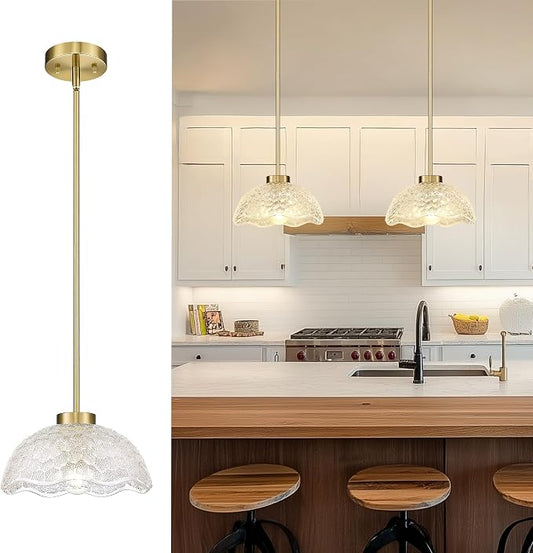 zeyu 10.4 Inch Vintage Single Pendant Light Fixture, Gold Vintage Hanging Lamp, Brushed Gold Pendant Light Kitchen Island with Clear Hammered Glass, ZJX116M1L BG