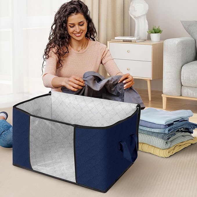 Fab totes Storage Bags,Clothes Blanket Storage Bins Foldable Closet Organizers with Reinforced Handle for Home Dorm Storage and Organization,Fabric Bags for Organizing Sheets,Clothing (Blue,8 Pack)