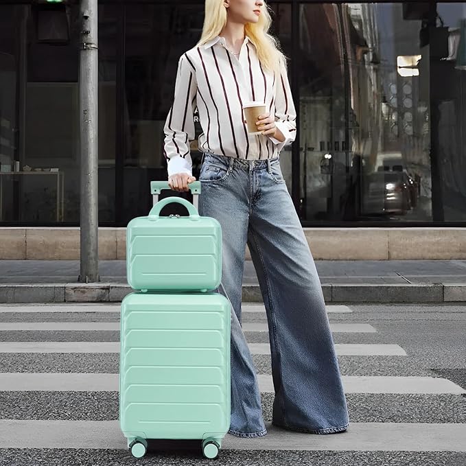 2-Piece ABS Hard Shell Lightweight Carry-On Luggage Set (14" & 20"), 360-Degree Spinner Wheels, Adjustable Telescopic Handle and Combination Lock for Travel, Mint Green