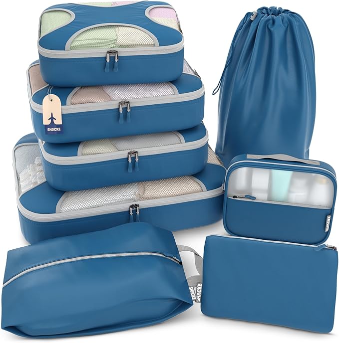 Shacke Packing Cubes for Travel 8 Set - Compression Luggage Organizer Bags - Versatile Travel Organizer for Women and Men - Optimized Packing Bags - Travel Essentials (Navy Blue)