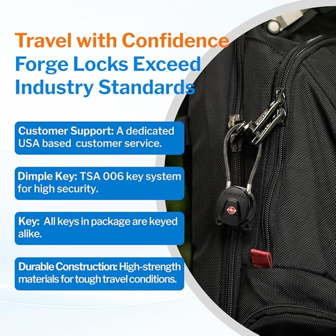 Forge TSA Approved Luggage Locks Ultra-Secure Dimple Key Travel Locks with Zinc Alloy Body- Black 4 Cable Locks