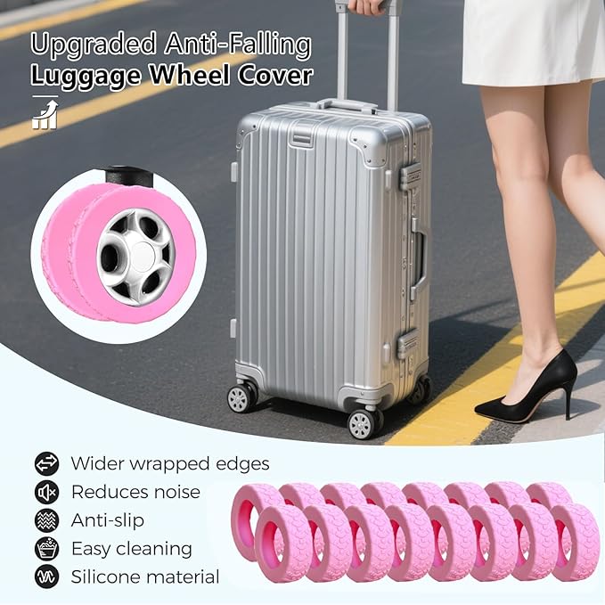 16-Pack Luggage Wheel Covers, Luggage Wheel Protector Covers for 2-2.4 inches Wheels Suitcases，Anti-Scratch & Noise Reduction Design, Silicone MaterialDurable Travel Case Accessories(16,Pink).