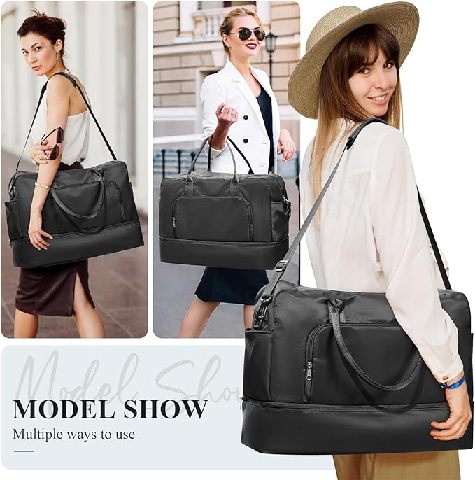 Weekender Bags for Women, Travel Duffel Overnight Carry On Weekend Bag with Shoes Compartment & Toiletry Bag,Black