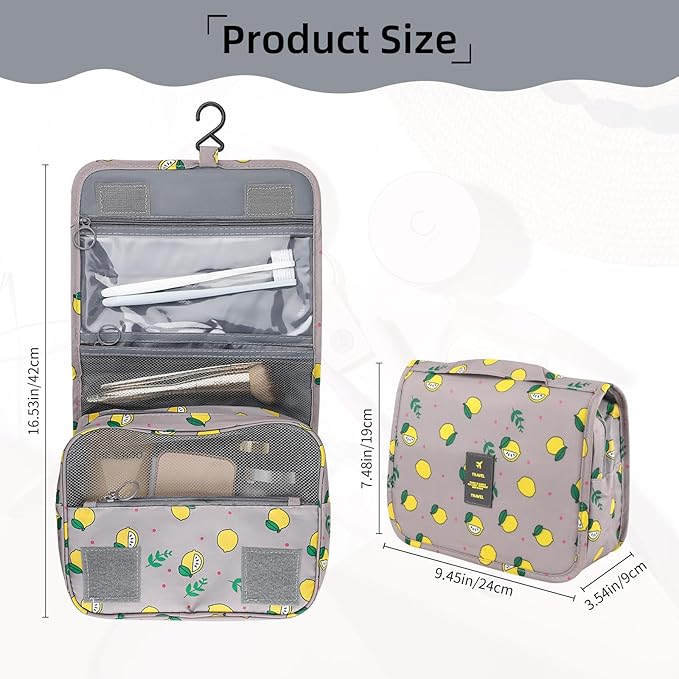 Foldable Hanging Travel Toiletry Bag,Waterproof Portable Travel Bags, Multifunction Travel Makeup Cosmetic Bag Organizer with Hanging Hook (Grey Lemon)
