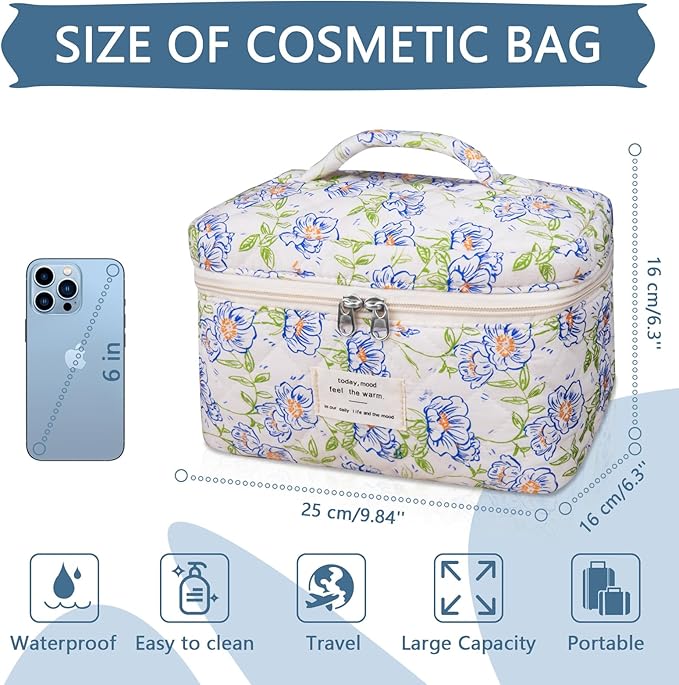 Large Makeup Bag, Cute Cosmetic Bag for Women Girls, Floral Coquette Aesthetic Toiletry Bag, Travel Make Up Organizer Bag (light blue)