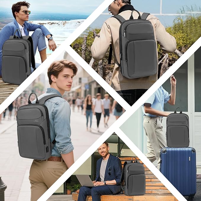 Backpack for Men Slim & Expandable Travel Laptop Backpack with USB Charging Port Water Resistant Anti-Theft Business Backpack Fits 17.3In Laptop for Commute Work College with Small Bag (Simple Gray)