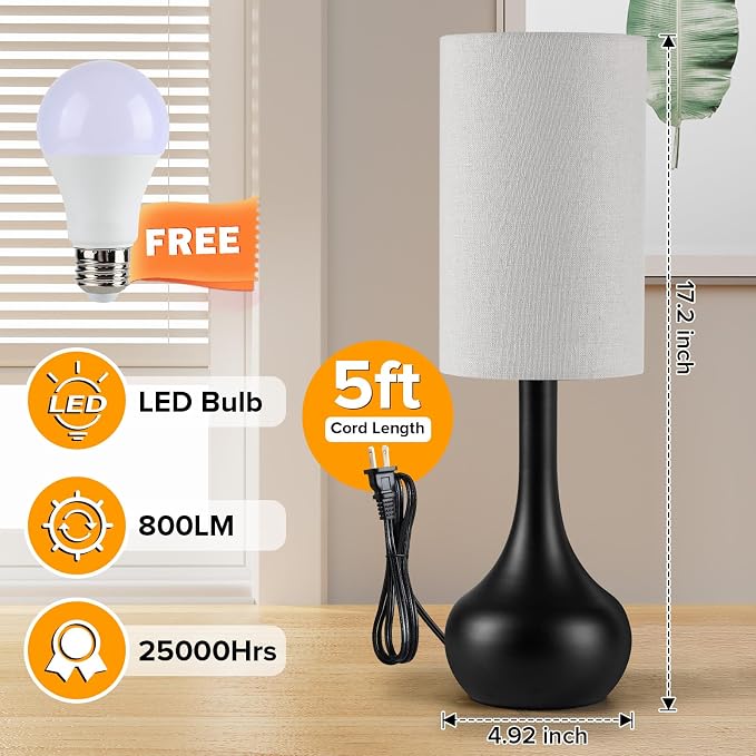 Touch Bedside Lamp for Nightstand,3-Way Dimmable,Space Saving & No Assembly Required, Upgraded Small Droplet Vintage Black Table Lamp for Bedroom, Living Room (2700K LED Bulb Included)