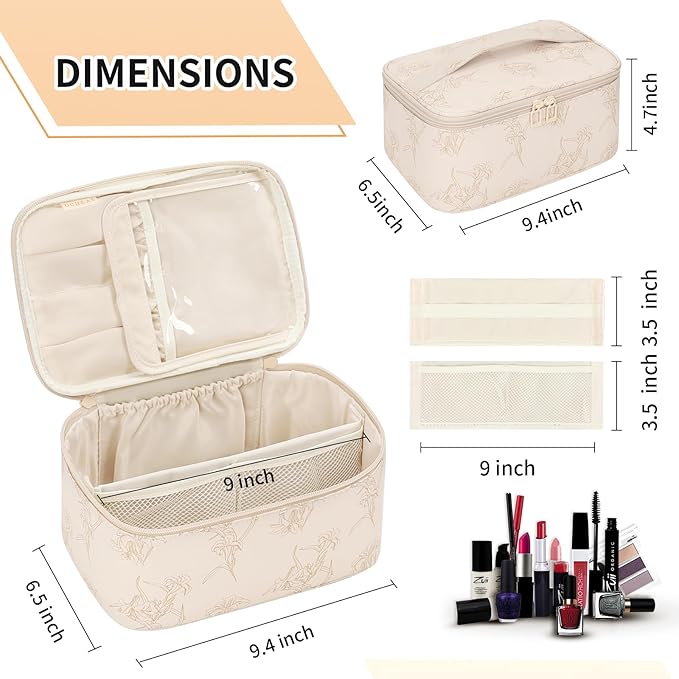 OCHEAL Makeup Bag for Women - Travel Cosmetic Organizer with Brush Slot & Divider, Large Capacity Toiletry Bag for Girls, Travel Makeup Case for everyday Make up Accessories -Beige floral