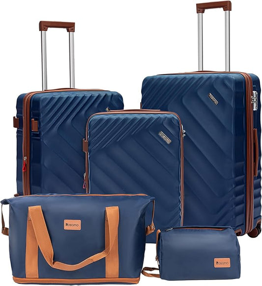 5 piece Luggage Set Expandable Suitcase 22x14x9 Airline Approved Carry on, ABS Hard Case Suitcases with Spinner Wheels, TSA Lock (Dark Blue)