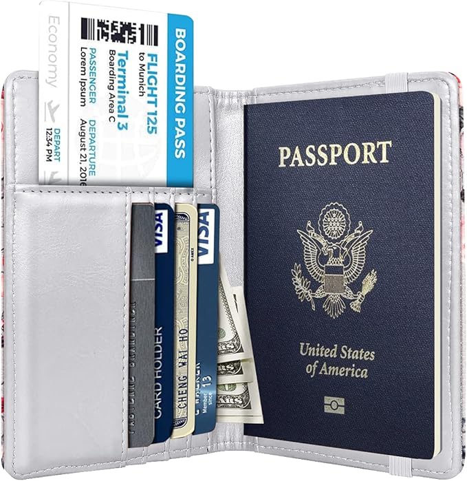 Passport Holder,RFID Blocking Passport Cover Cute Floral Traveling Passport Wallet for Women Grey Flowers