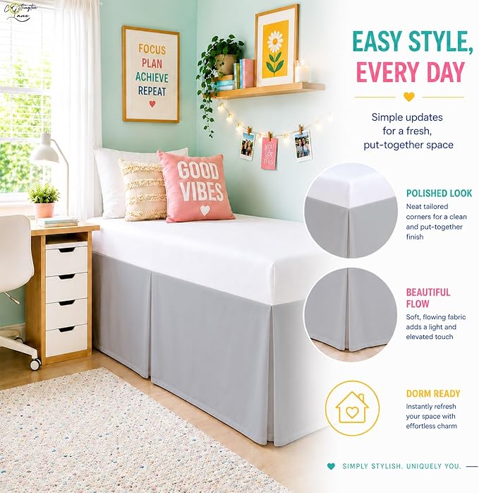 Cottington Lane Tailored Box Pleated College Dorm Bed Skirt Twin XL, Hotel Quality Premium Brushed Microfiber Extra Long Bedskirt Twin XL 30 Inch Drop, Light Grey Dorm Bedding