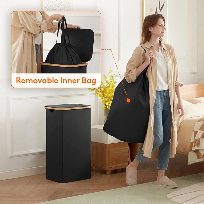 Lifewit 100L Laundry Basket with Lid, Clothes Hampers for Laundry with Bamboo Handles and 1 Removable Bag, Large Foldable Laundry Hamper for Bedroom, Bathroom, Dorm, Laundry Room, Black