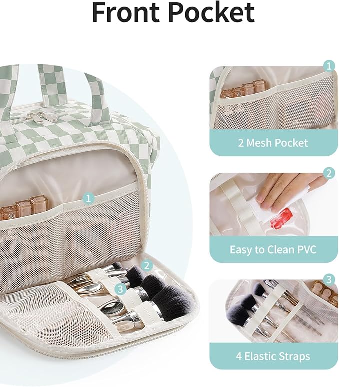 Narwey Travel Toiletry Bag for Women, Checkered Large Makeup Bag, Wide Open Cosmetic Make Up Organizer with Handle, Wet Pocket for Towel, Travel Bag for Toiletries, Brushes, Essentials (Green Checker)