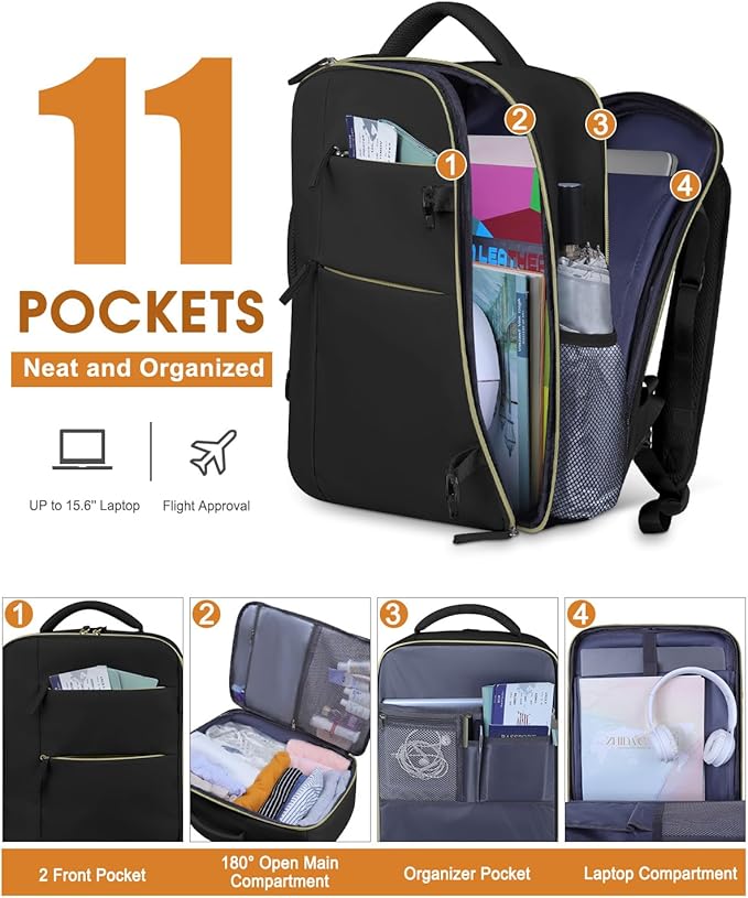 Capolo Travel Backpack for Women Men Waterproof Laptop Backpack Airlines Approved Personal Item Backpack Bag Computer Bookbag for Business, Work, Traveling Fits 15.6 Inch Laptop(Black)