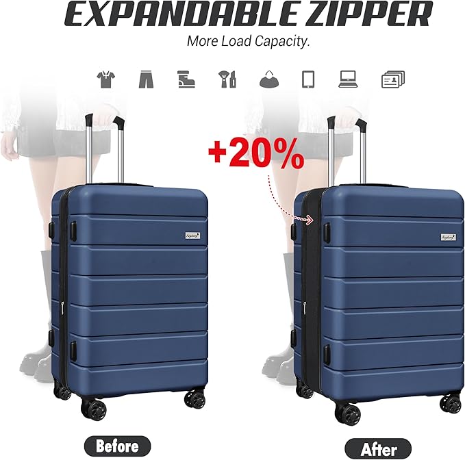 SmileLine 3-Piece Luggage Set Lightweight Hardside Suitcase TSA Lock Spinner Wheels, 20" Expandable Carry-On Luggage with Quick Access Front Open Pocket, Bonus Makeup Bag, Navy Blue