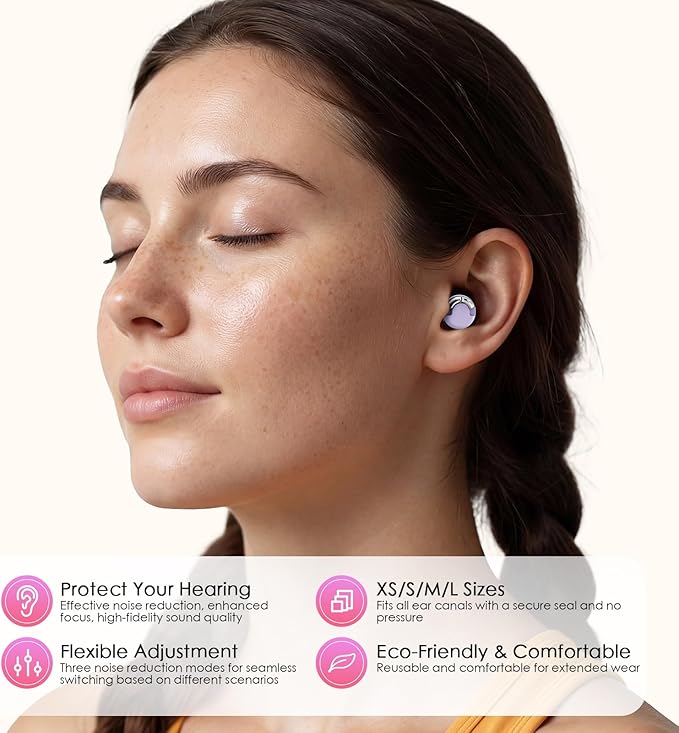 Adjustable Ear Plugs - 3 Noise Cancelling Modes for Work, Travel, Concerts & More, Reusable Hearing Protection with 4 Sizes (XS/S/M/L), Comfortable Ear Plugs for Noise Reduction, Purple Silver