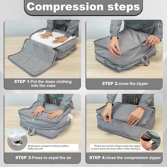 Compression Packing Cubes for Travel Essentials, 2pc Expandable Travel Cubes for Packing Bags Suitcase Organizer, Grey