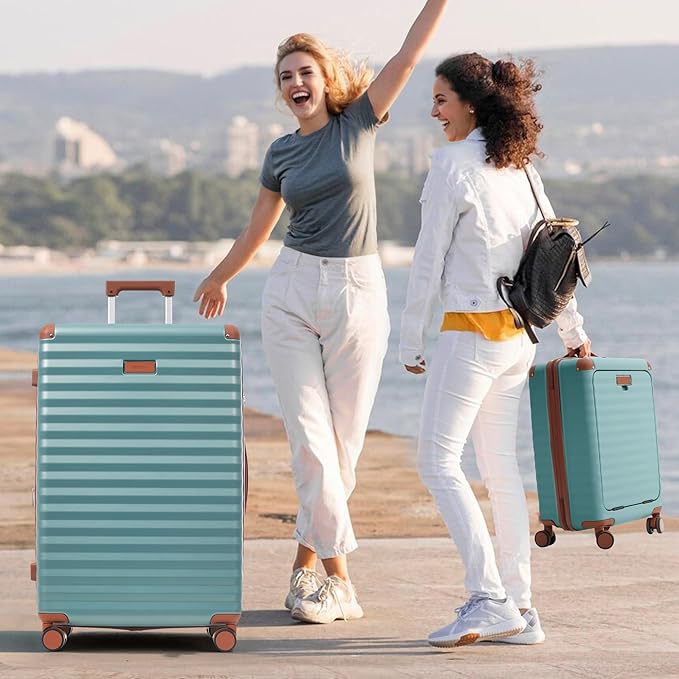 Merax Luggage Sets Front Opening, 3 Piece Hardshell Suitcase with Spinner Wheels and Bags,Lightweight Carry on Luggage with USB Port and Cup Holder,20+24+28,Blue Green