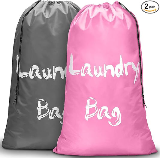 2 Pack XL Travel Laundry Bags for Dirty Clothes - Extra Large Heavy Duty Drawstring Laundry Bag Holds 4 Loads - Cruise Ship, Camping, Road Trip, Vacation Essentials Must Haves 2025 (Pink + Gray)