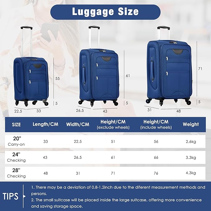 Softside Luggage 3-Piece Set with Duffel Bag, Lightweight Suitcases with Spinner Wheels, TSA Lock & Expandable for Travel, Business Trips, Durable Softshell Travel Luggage Set (Navy Blue)