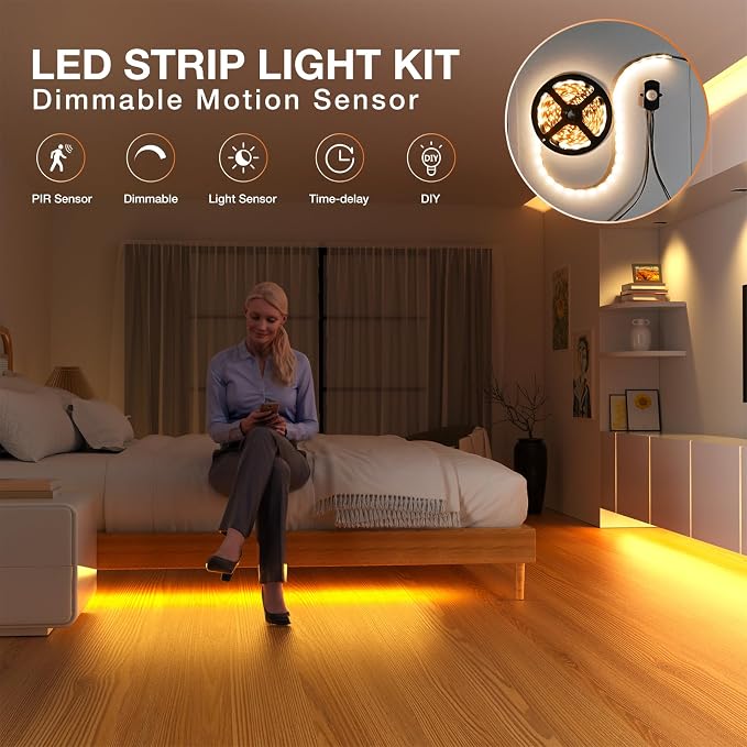 Sensky 8.2ft Motion Activated LED Strip Light Kit with FCC Listed Adapter for Gun Safe, Under Cabinet, Under Bed, Pantry, Kitchen, Stairway, Closet Lighting (Warm White,Upgraded Version)