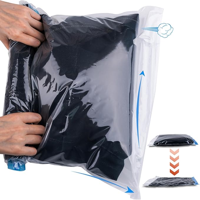 10 PCS Compression Bags for Travel Essentials, 3 Sizes Space Saver Bags, No Vacuum or Pump Needed, Roll Up Vacuum Packing for Clothing Storage, Cruise Accessories, Luggage & Home Organizers
