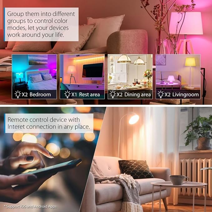 A19 Smart Light Bulb, 9W 900LM RGB+CCT LED Bulb - 16 Million Vibrant DIY Colors, Music Sync via Tuya, Works with Alexa & Google Assistant - 2.4GHz No Hub Required for Home Decor(4Pack)
