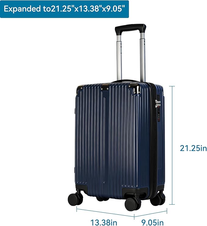 20 Inch Carry On Luggage with Spinner Wheels,PC Expandable Hard Shell Suitcase with USB Port,Lightweight Travel Luggage Airline Approved for Men Women (Navy Blue)