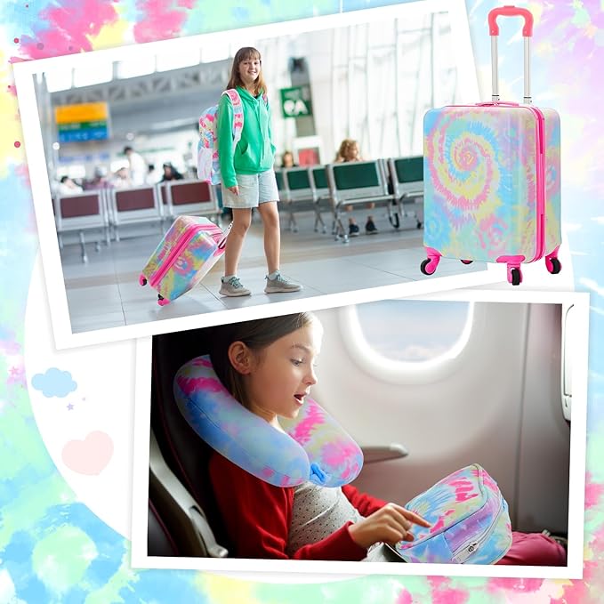 Redbaker 17 Inch 6 Pcs Kids Luggage Set Kids Rolling Luggage Double Pattern Suitcase for Boys Girls (Pink and Purple, Tie-dye Style)