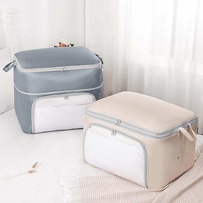 Comforter Storage Bag - Large Capacity Blanket Storage Bags Front-opening Ultra Space Saving Self Compression Organizer, Washable Compression Bags for Storage Comforter Blanket, 1 Pack, Grey