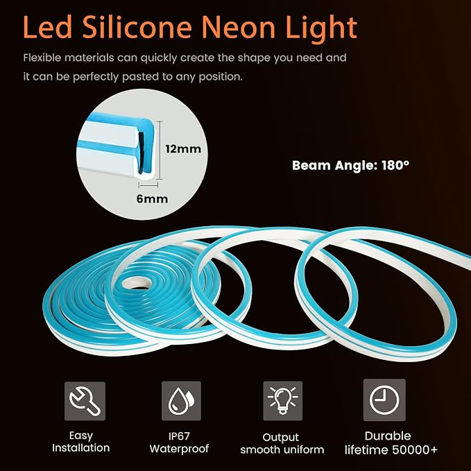 YM E-Bright LED Neon Strip Lights, 16.4ft 600SMD Ice Blue Waterproof 12V | Flexible waterproof rope suits signs, bars, kitchens, bedrooms, parties, and outdoor decor; power supply not included.