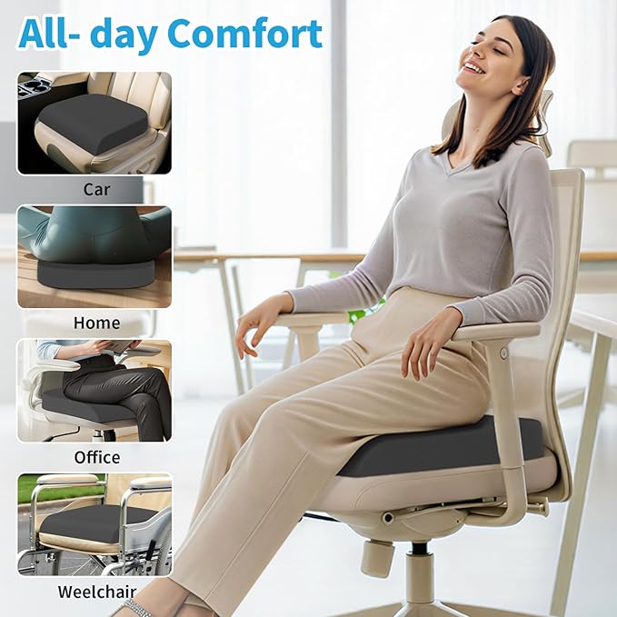 Large Seat Cushion，Soft Foam Cushion for Long Sitting Hours on Office Chair, Home & Car, Non-Slip Chair Pad for Relieving Back & Sciatica & Hip & Coccyx Pain (Grey)