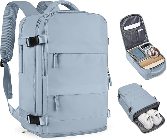 coofay Large Travel Backpack For Women Men Airline Approved Carry On Backpack Flight Approved Waterproof Sports Luggage Backpack Casual Daypack Hiking Backpack Grey Blue